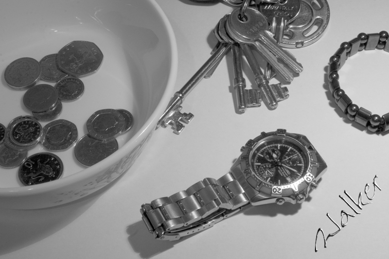 Im Home
A group of objects, photographed for positioning, prior to attempting a Vanitas
Keywords: Watch Keys Money