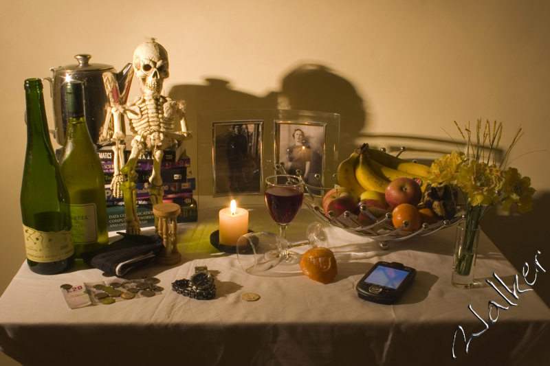 Vanitas
This is one of three identical pictures, but with different lighting. I do not know which one I like best. The photograph is based on the 16th Century Dutch painters who produced the original Vanitas paintings. I have used a more modern array of objects for my Vanitas.
Keywords: Vanitas