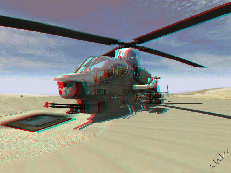 3D Helicopter
This is a scene from a game (remember games are touted as 3D, but they really are only 2D) that I have made as a 3D image. This is part of a longer term project. 
Keywords: 3d Helicopter