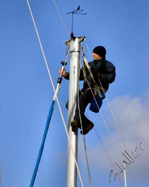 Ahoy There!
Man fixing rigging on a boat
