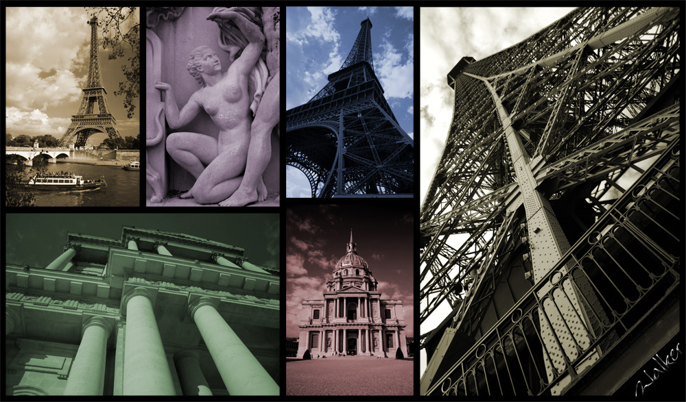 Paris Mosaic
6 Images from Paris, converted to mono using the Channel Mixer, then colourised.
Keywords: Paris Mosaic