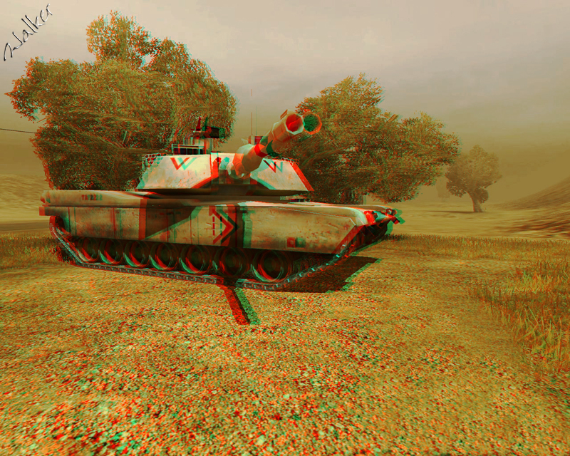 3D Tank
This is a scene from a game (remember games are touted as 3D, but they really are only 2D) that I have made as a 3D image. This is part of a longer term project. 
Keywords: 3D Tank