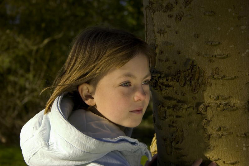 Hannah Hiding
Hannah (pretending) to be hiding behind a tree. This picture was taken with a bright sun to the left and a reflector to the right.
